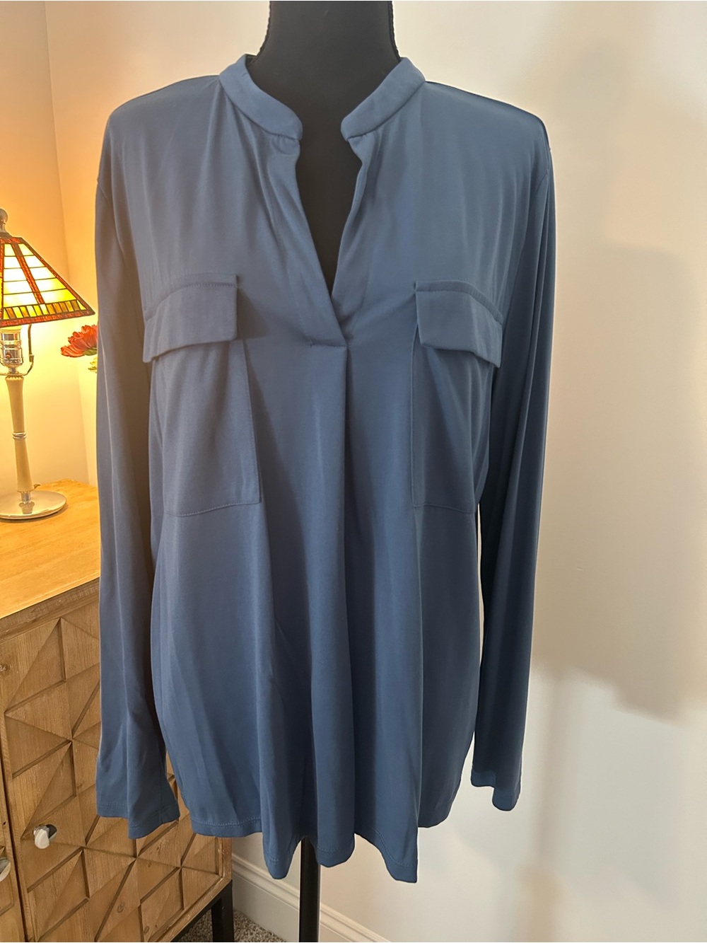 A New Day Blue Long Sleeve Blouse XL Split Neck Pocket Casual Work Top